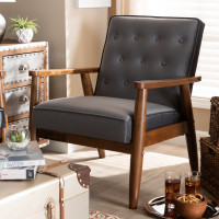 Baxton Studio BBT8013-Grey Velvet/Walnut-CC Sorrento Mid-century Modern Grey Velvet Fabric Upholstered Walnut Finished Wooden Lounge Chair
